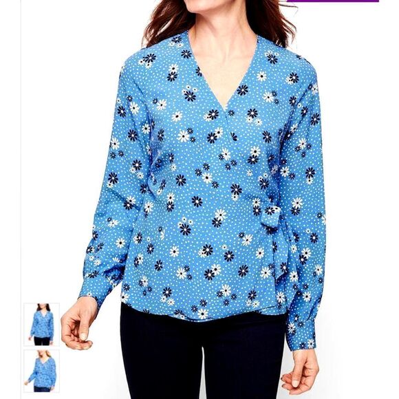 Talbots Blue Wave Daisy Dots Wrap Top‎ Blouse Sz 2XP Petite - Picture 1 of 7